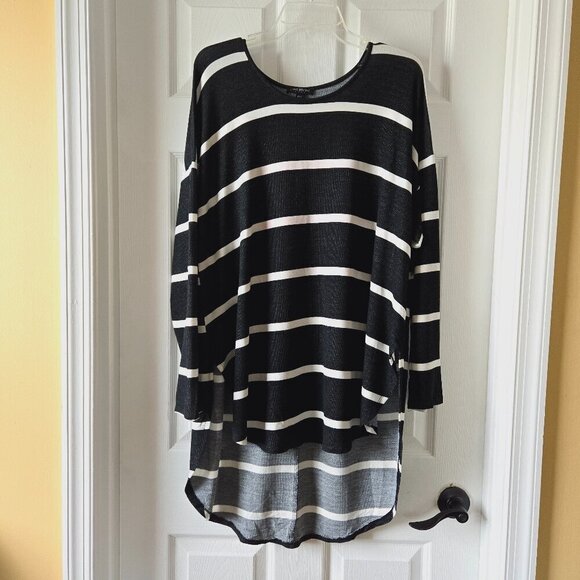 Lane Bryant Black White Rayon Horizontal Stripe High Low 3/4 Sleeve Top Sz 18/20 - Picture 1 of 15